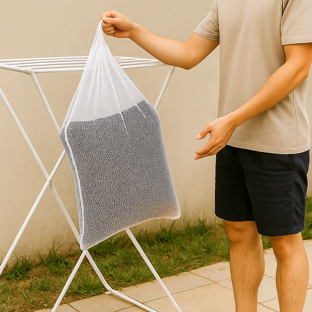 Man holding cushion in a mesh bag for drying on a clothes stand