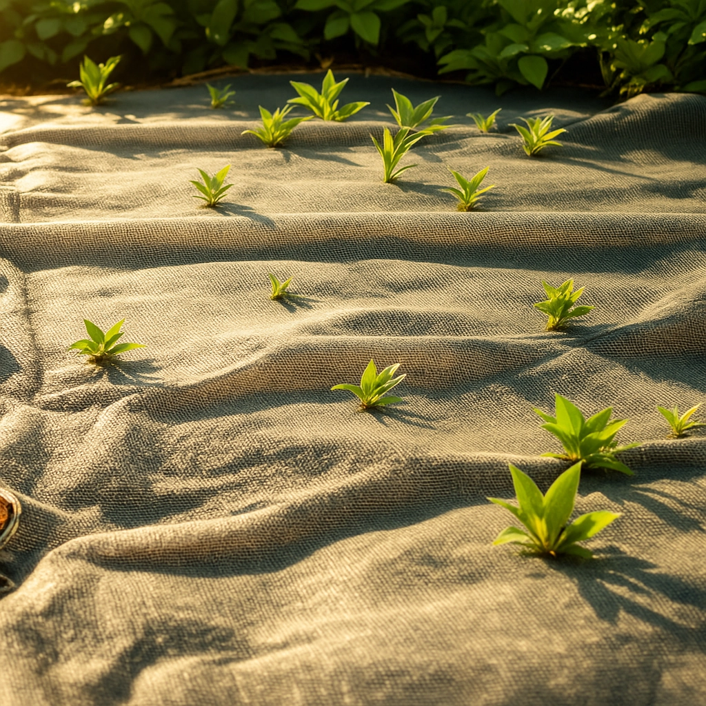 Eco-friendly burlap as a breathable, organic alternative to synthetic landscape fabric.