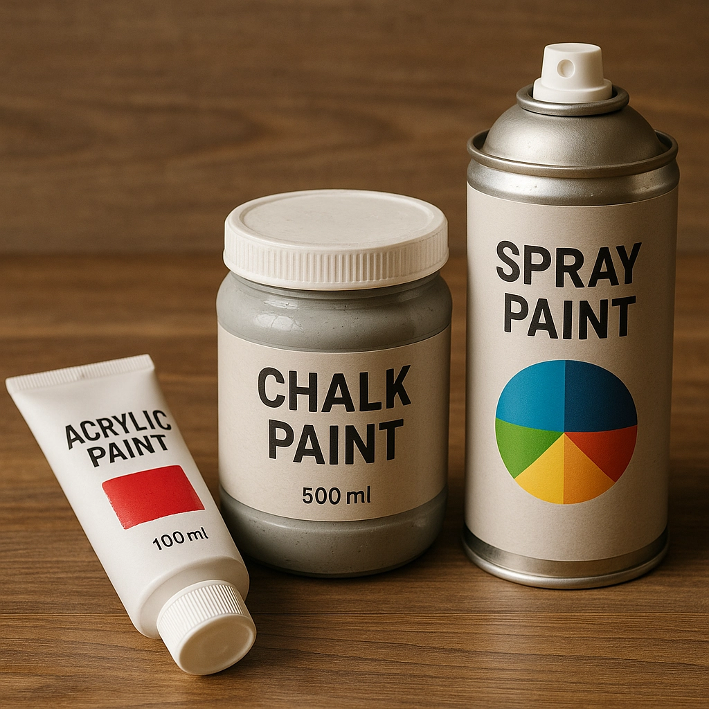 Acrylic, chalk paint, spray paint cans on wooden table