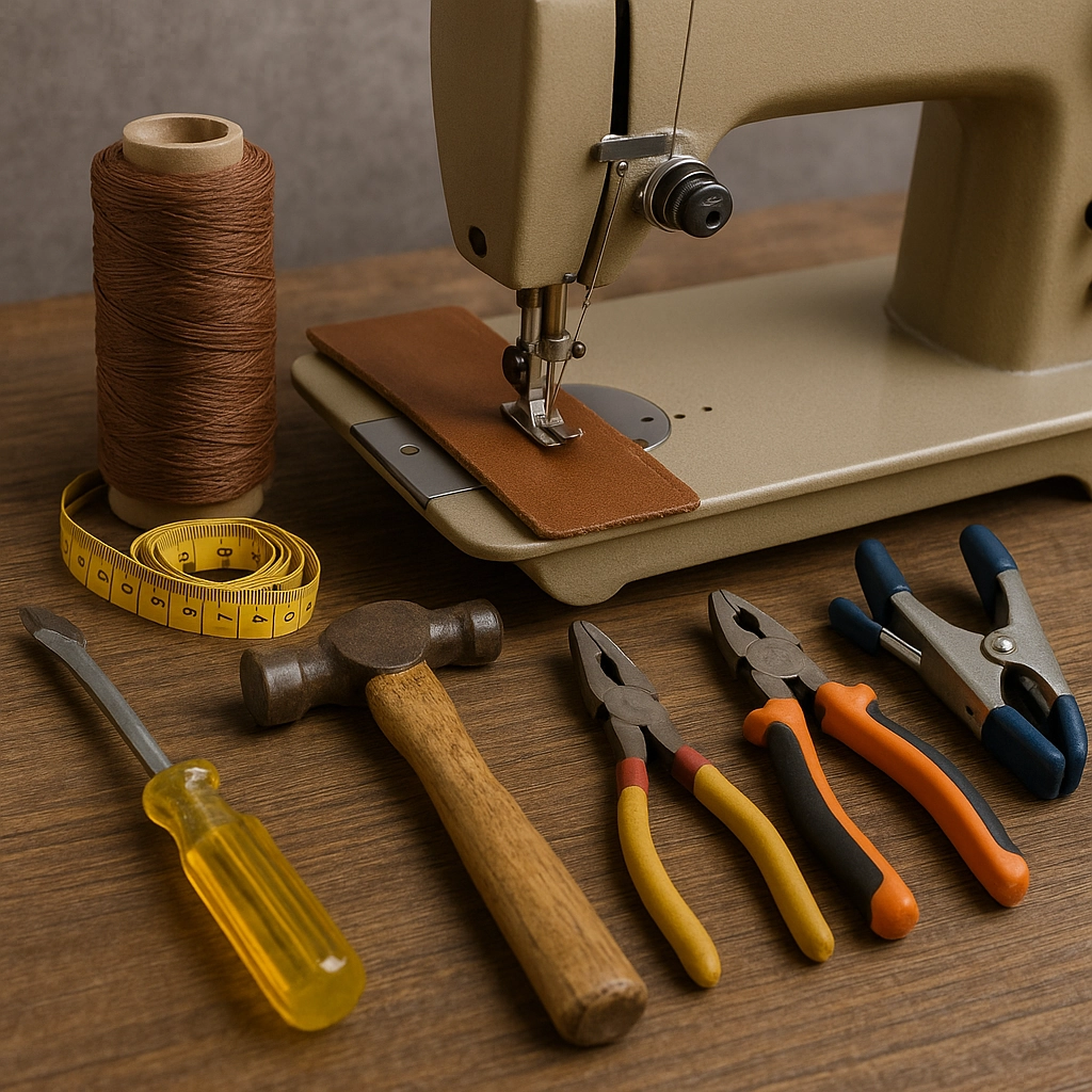 Essential tools and materials for repairing outdoor lounge chair fabric.