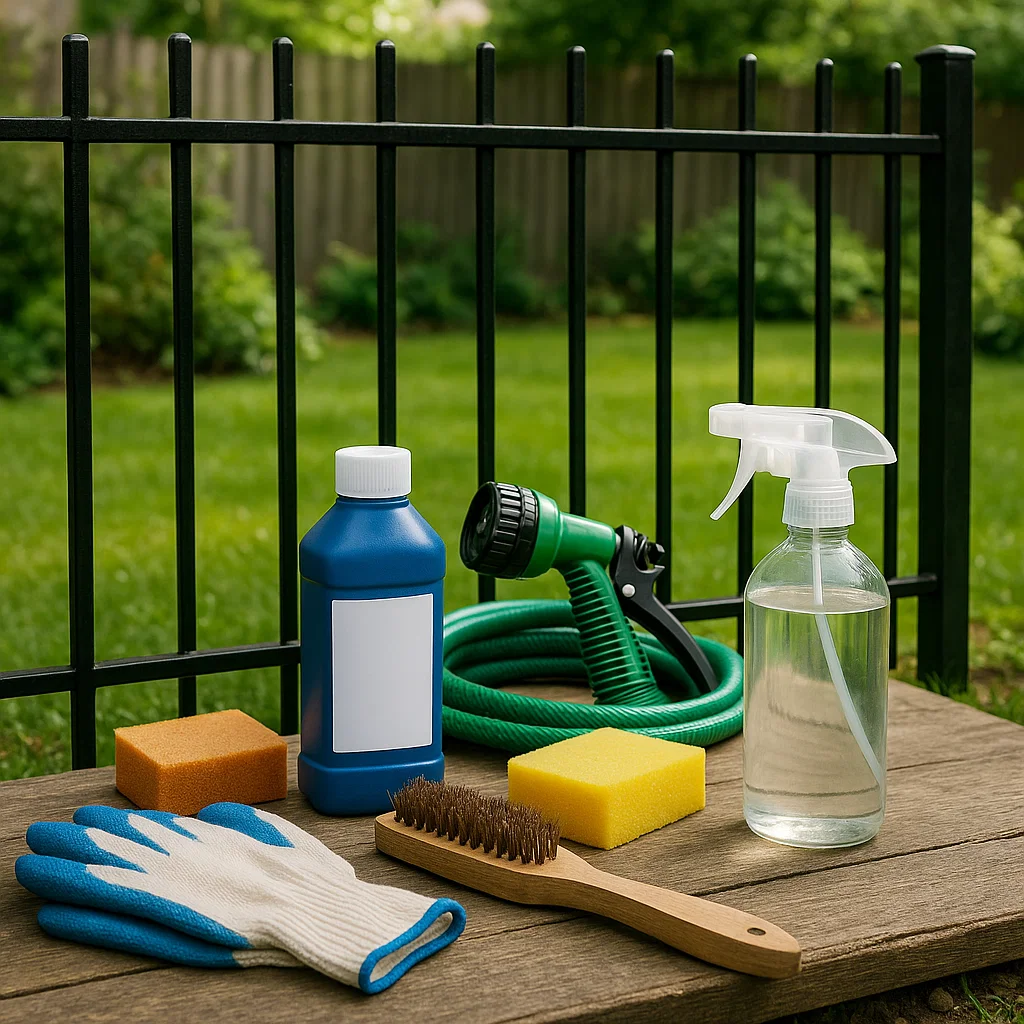 Garden fence cleaning tools including gloves, sponge, scrub brush, hose, and bottles.