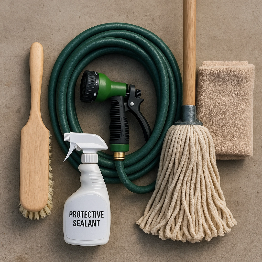 Essential cleaning tools for gazebo maintenance including hose and mop.