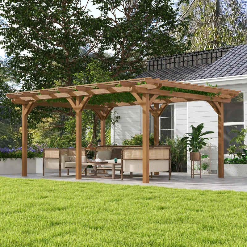 Pergola with slatted wood design providing shaded outdoor seating area on a patio.