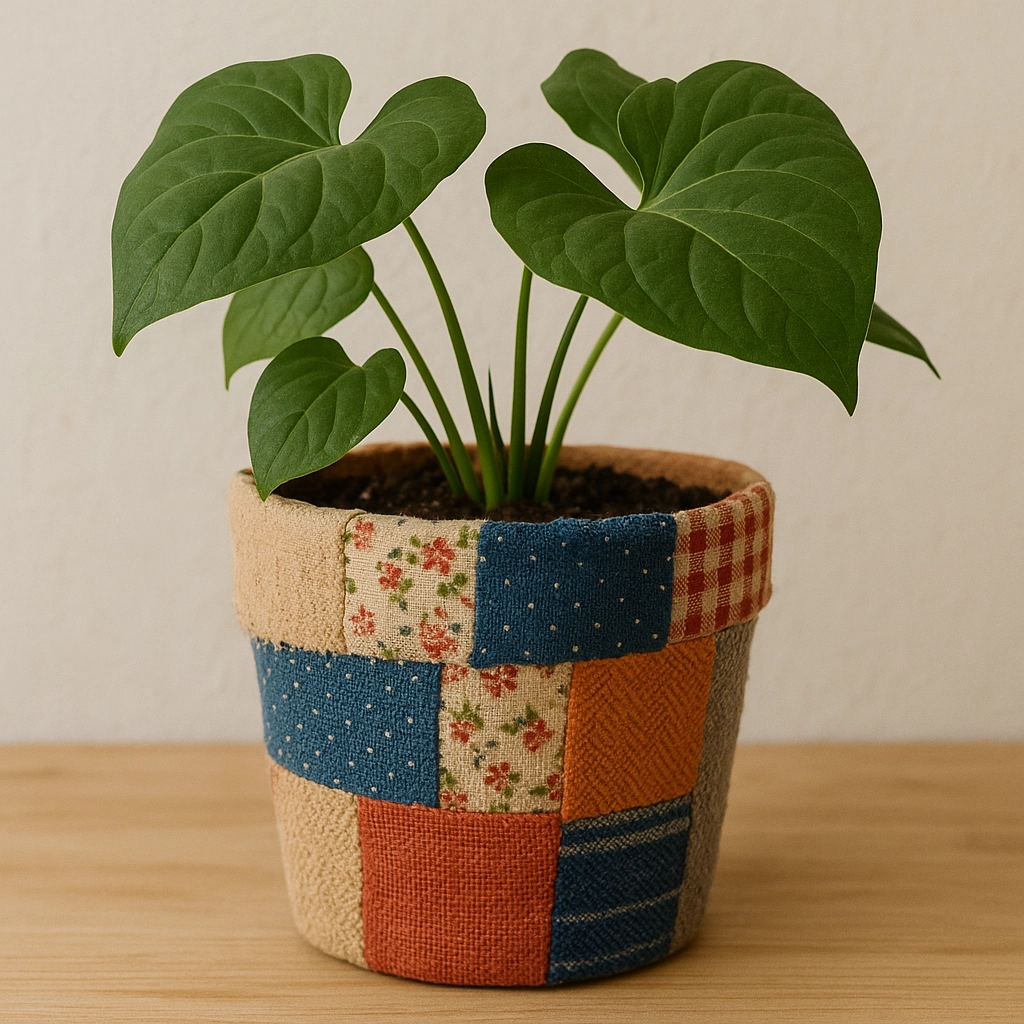 Flower pot decorated with colorful fabric scraps in a creative patchwork style.