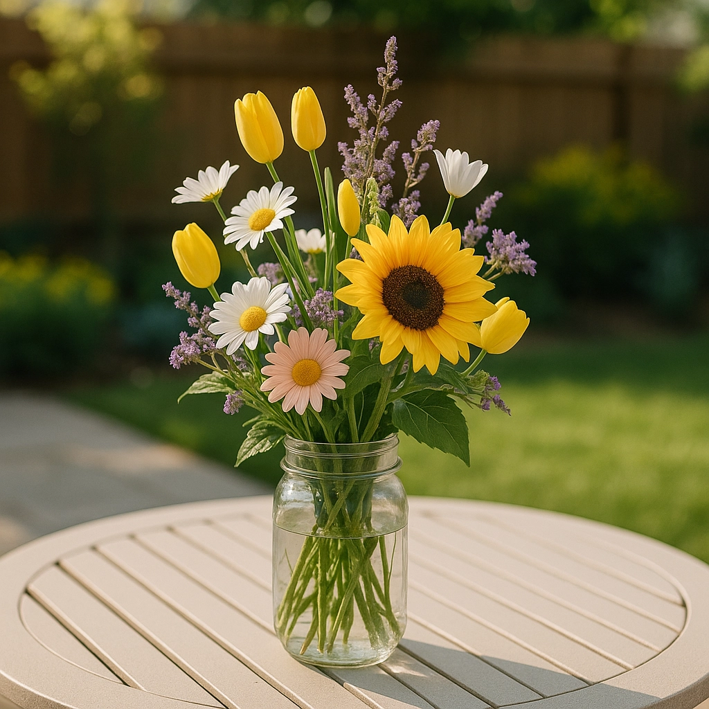 Bright faux daisies, tulips, sunflower centerpiece adding summer charm outdoors.
