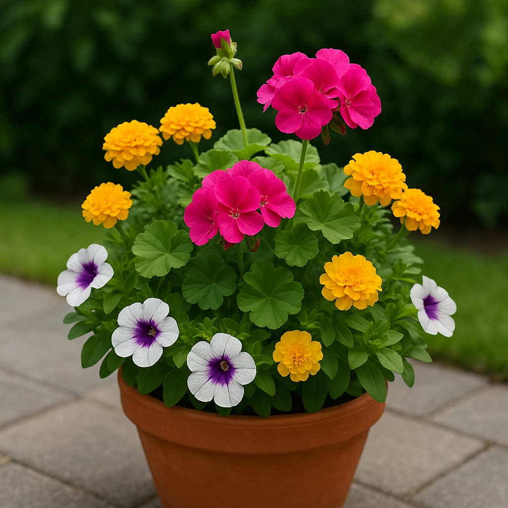 Using filler plants to add volume and color to a flower container arrangement.