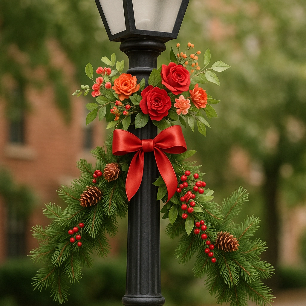 Festive lamp post decorated with flowers, pine, berries, and a red ribbon for the holidays.