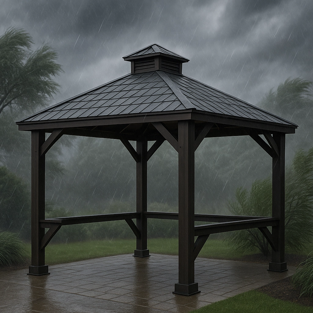 A gazebo standing strong in a heavy rainstorm with dark clouds, showcasing its sturdy and durable design.