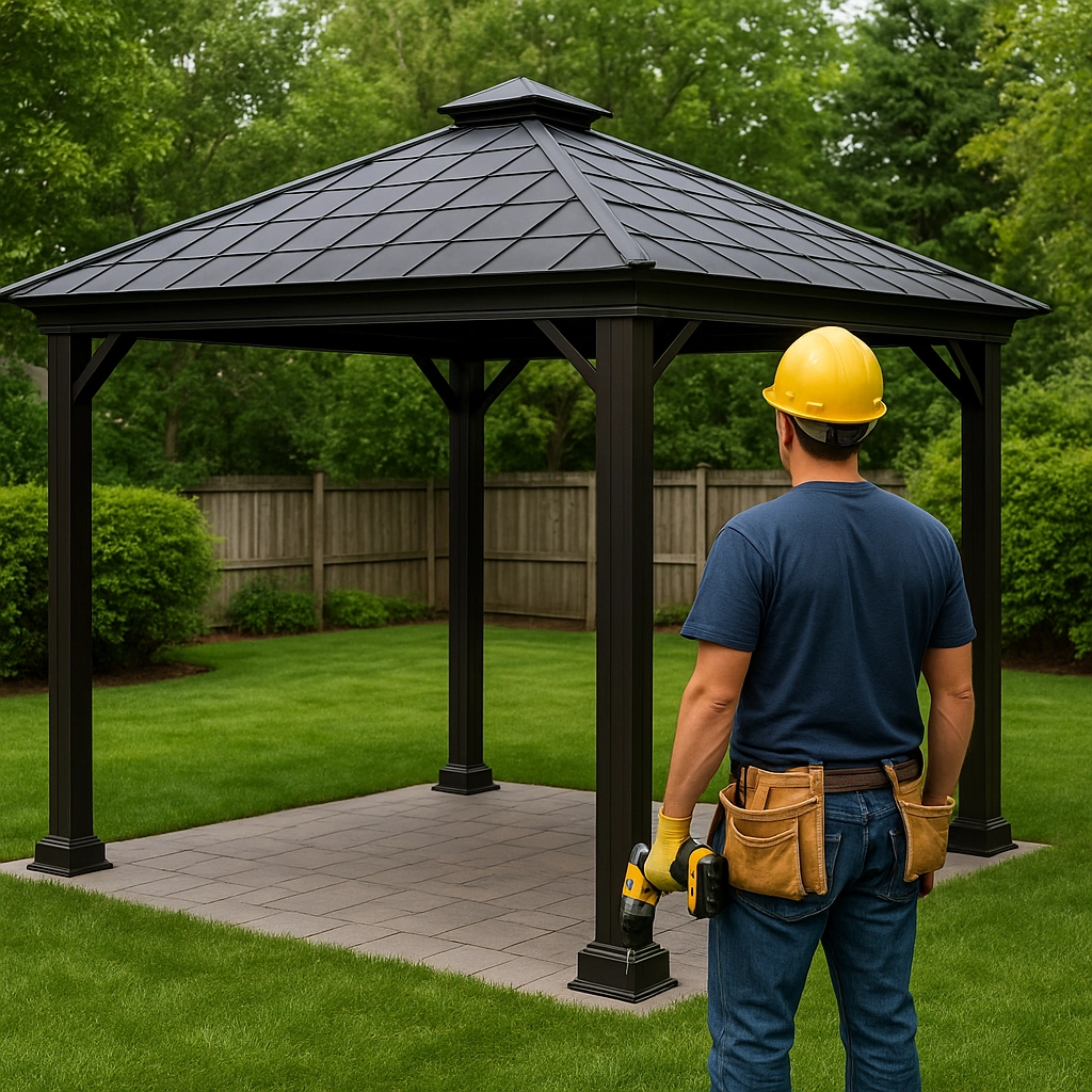  A person wearing a hard hat and holding a drill, standing in front of a newly built gazebo, preparing for further construction or adjustment.