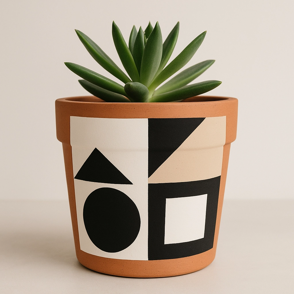 Modern geometric pattern painted on flower pot using painter’s tape and bold colors.