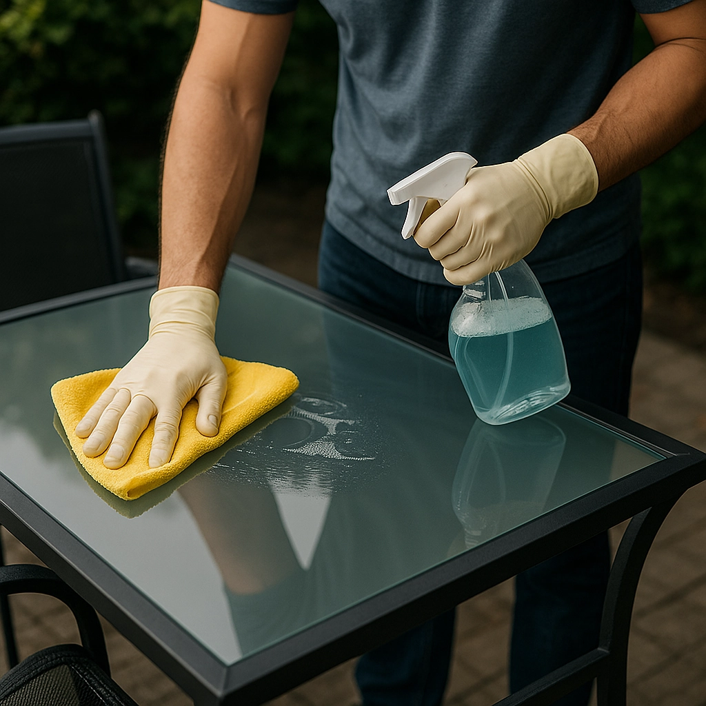 Cleaning a glass outdoor table with a microfiber cloth and spray cleaner.