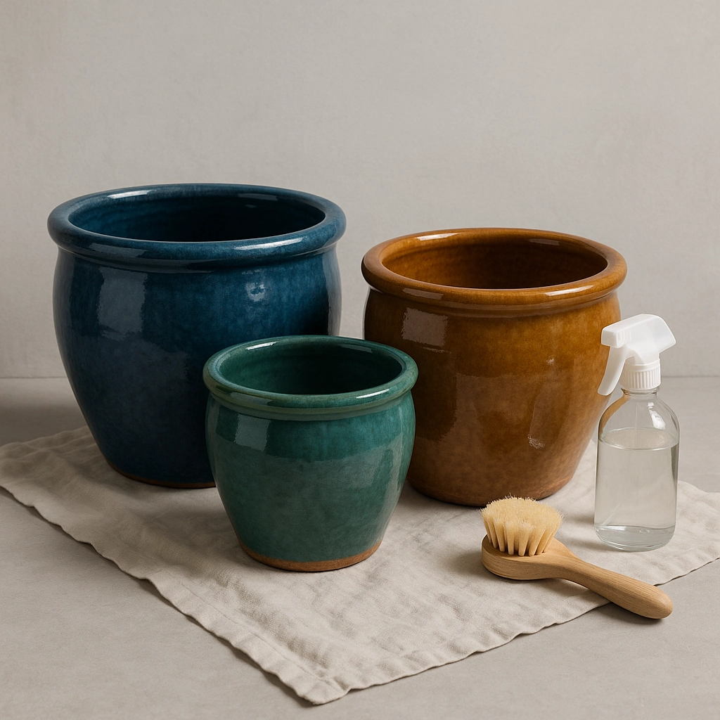 Glazed ceramic pots on a cloth with a brush and water spray bottle.