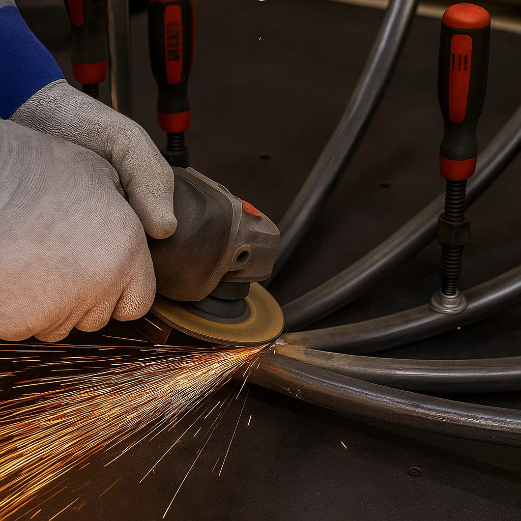 Grinding weld joints on the egg chair frame for a smooth, clean finish.