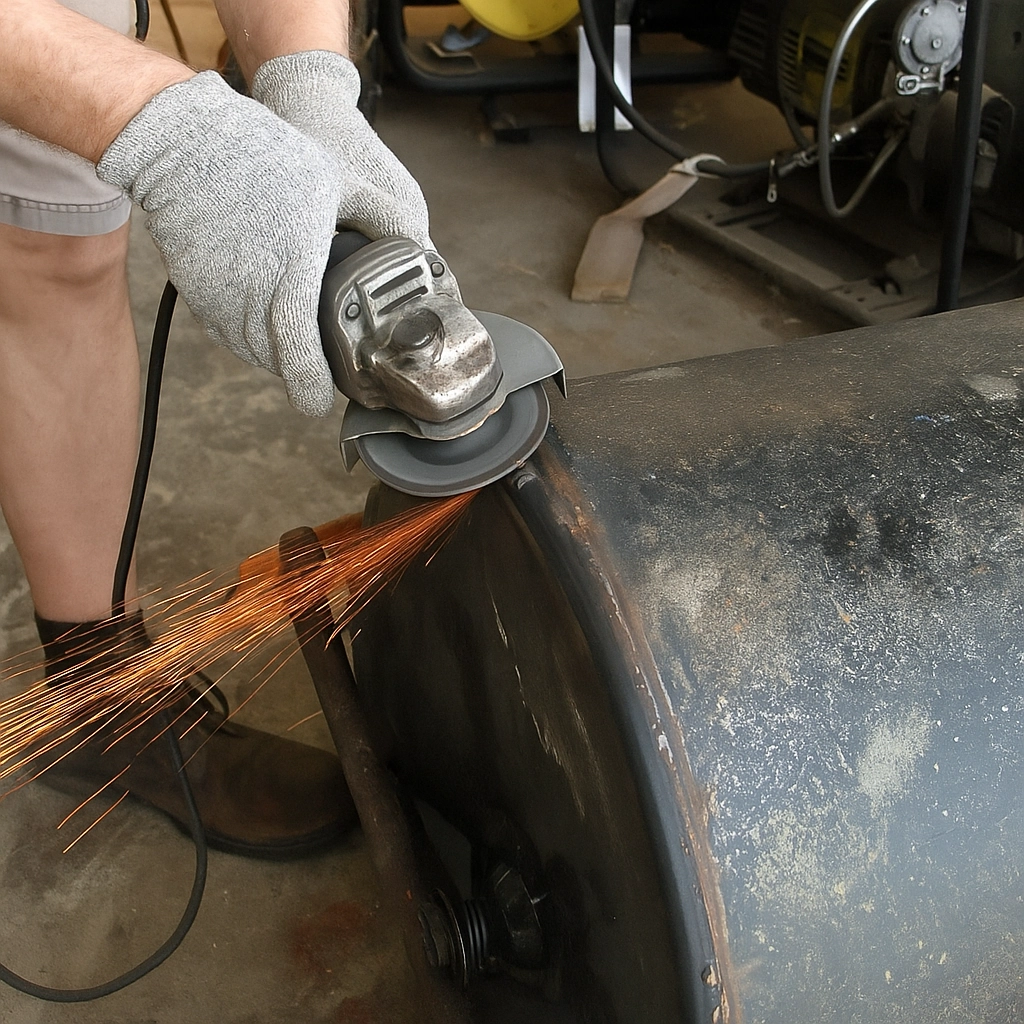 Grinding welded metal surface to smooth out imperfections.