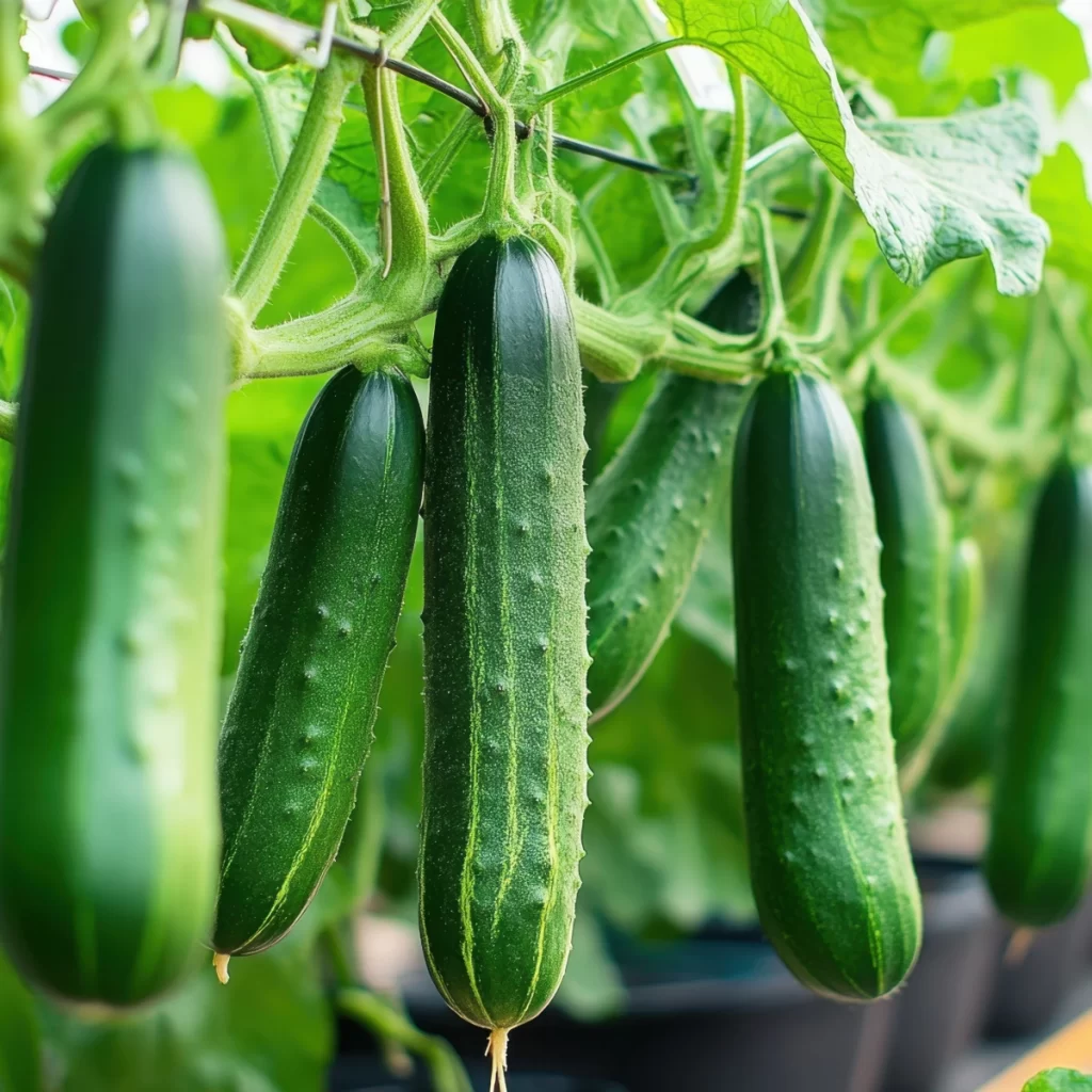 Ripe cucumbers growing in a greenhouse, perfect for warm and sunny environments.