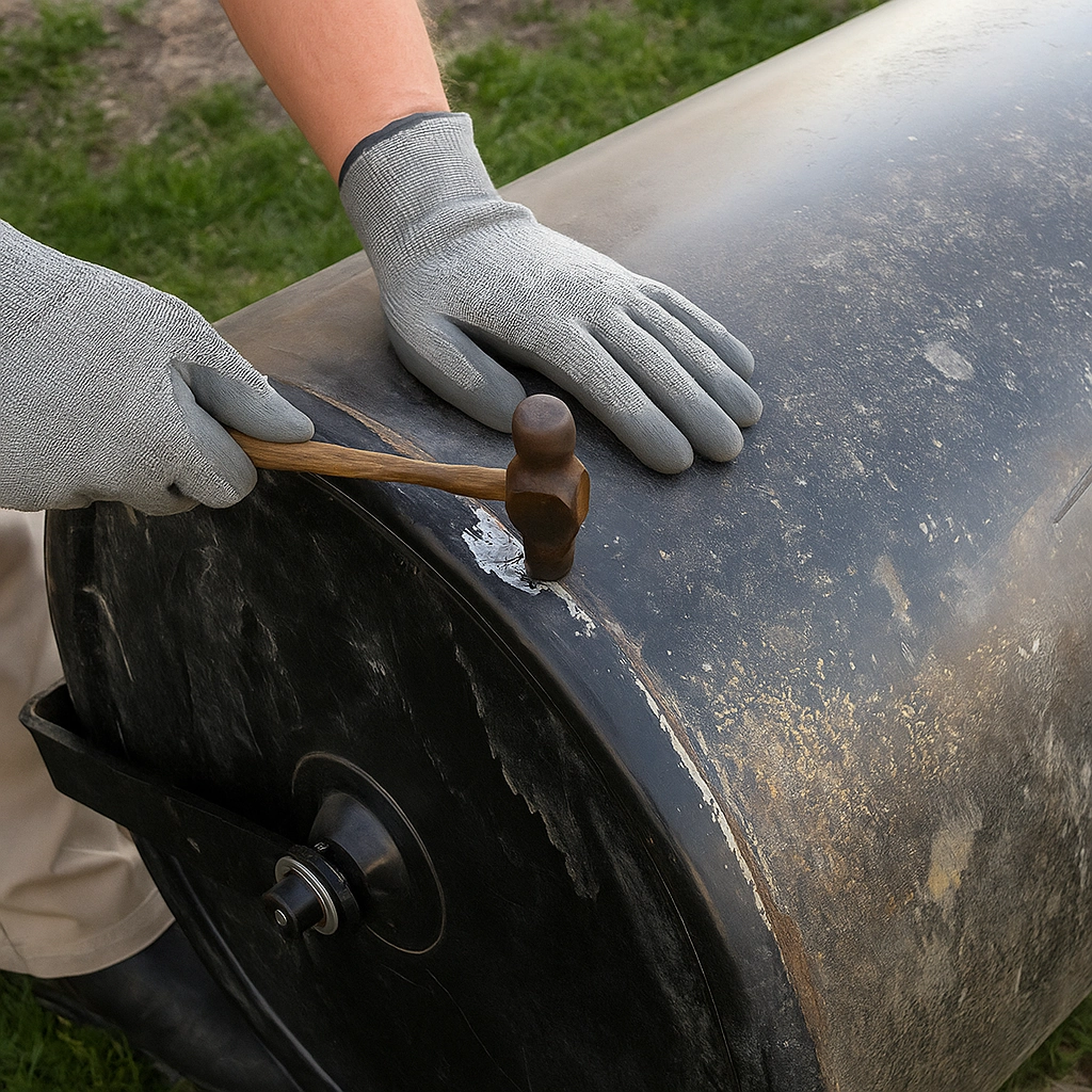 Using a hammer to seal a leaking metal surface.