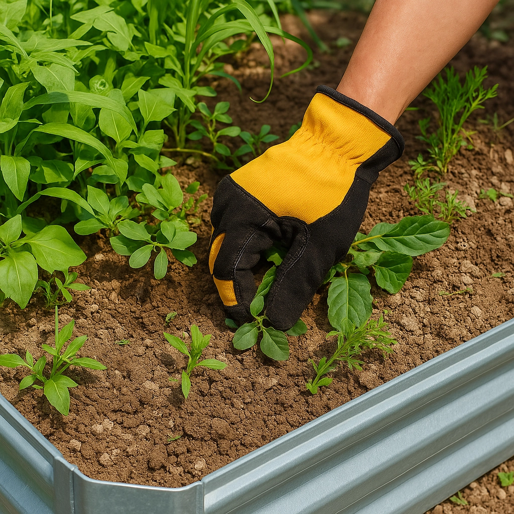 Gardener pulling weeds from a raised garden bed with yellow gloves.