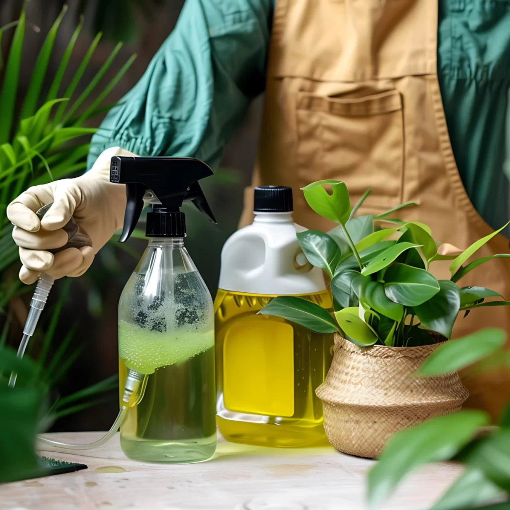 Horticultural oil bottle with a plant in the background for pest control.