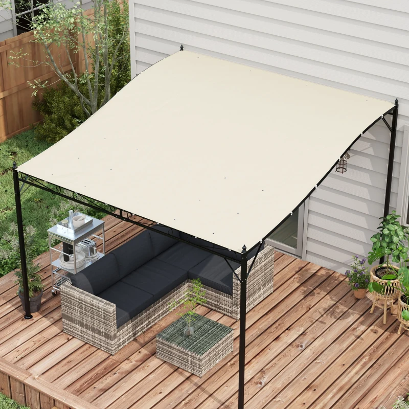 Modern pergola with cozy sectional seating on wooden deck for stylish outdoor relaxation.