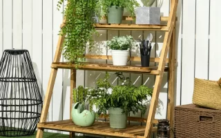 Plant stand in lawn with beautiful pots