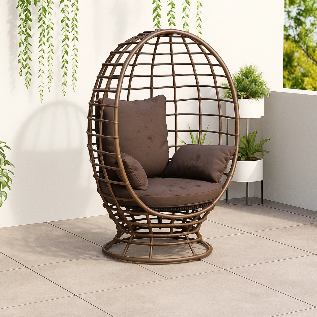 Cozy egg-shaped rattan chair with cushions on a modern patio surrounded by green plants.