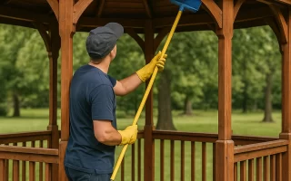 Person using a long brush to clean the ceiling of a wooden gazebo.