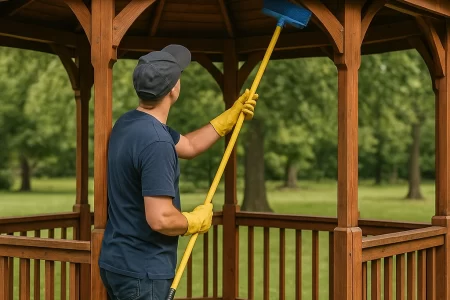 Person using a long brush to clean the ceiling of a wooden gazebo.