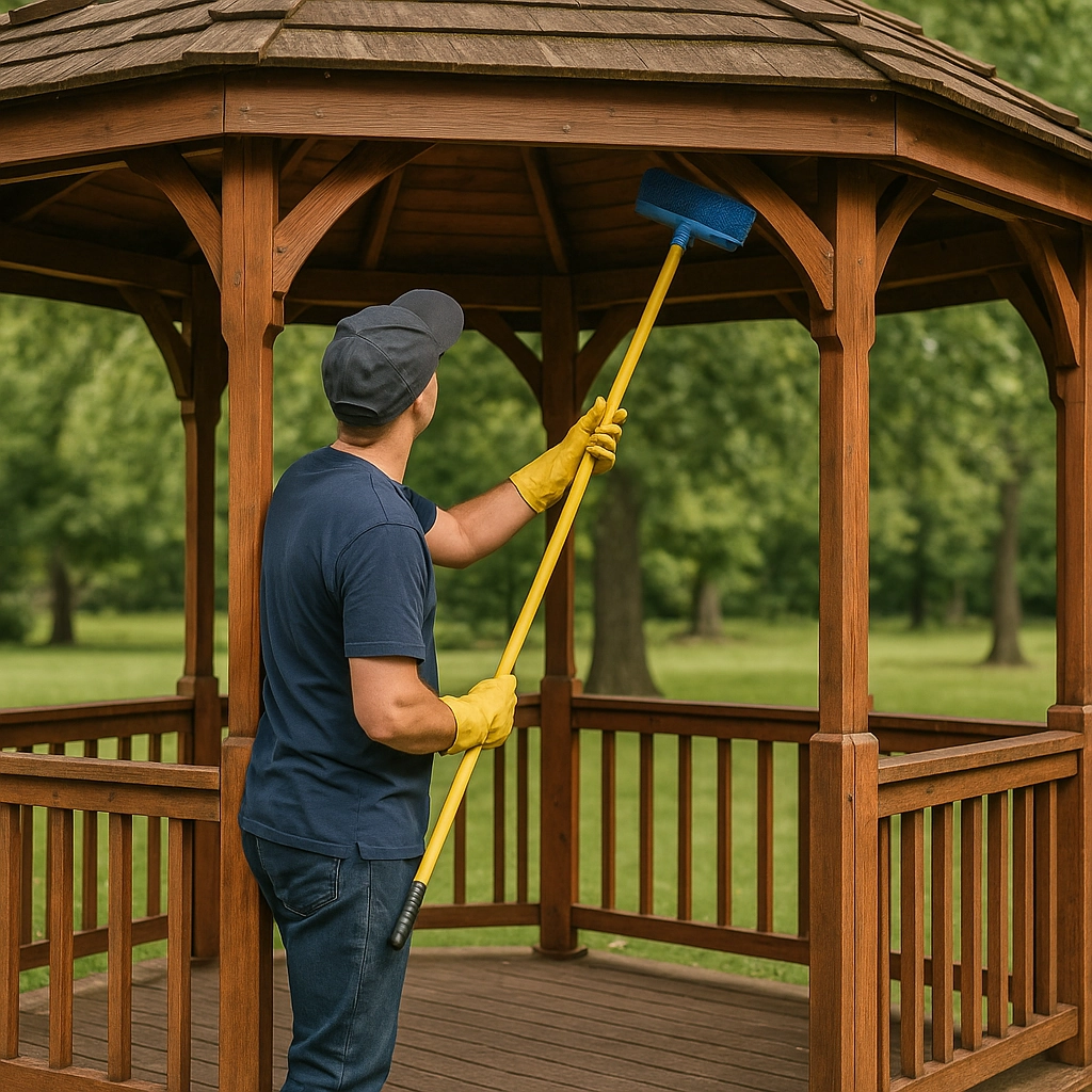 Person using a long brush to clean the ceiling of a wooden gazebo.