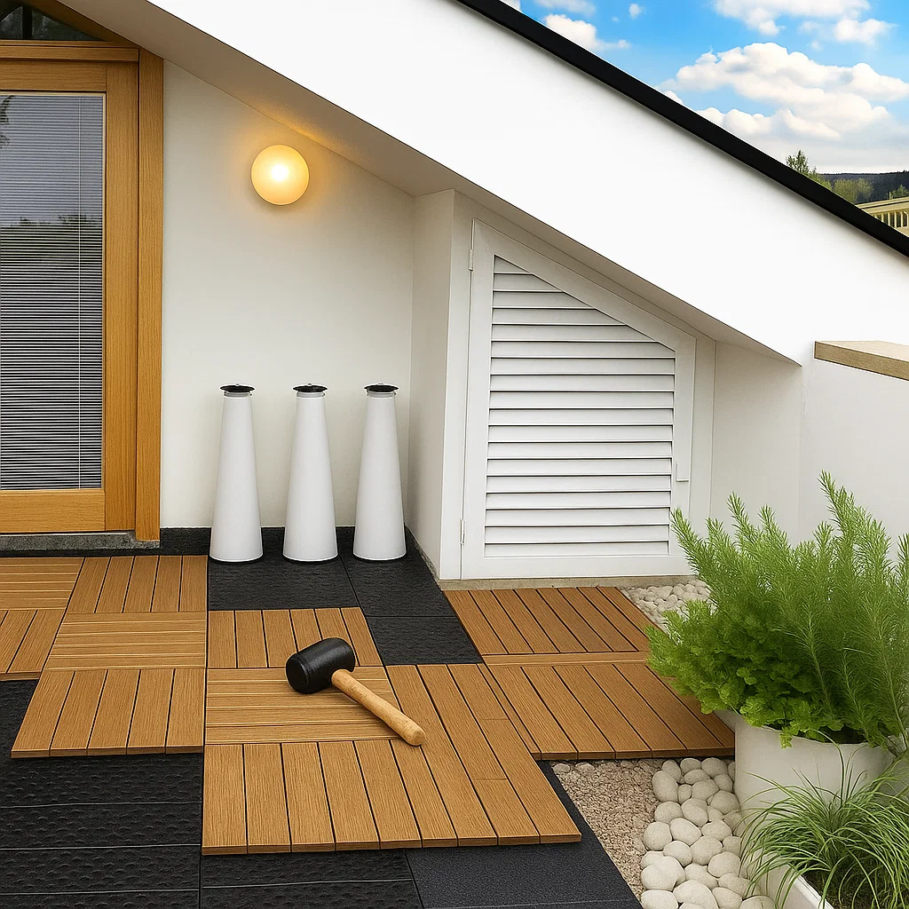 Connecting interlocking deck tiles by aligning clips and pressing them together.