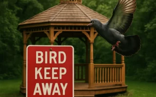 Pigeon flying near 'Bird Keep Away' sign by gazebo, bird deterrent guide