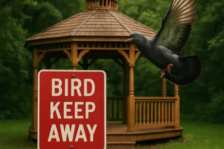 Pigeon flying near 'Bird Keep Away' sign by gazebo, bird deterrent guide