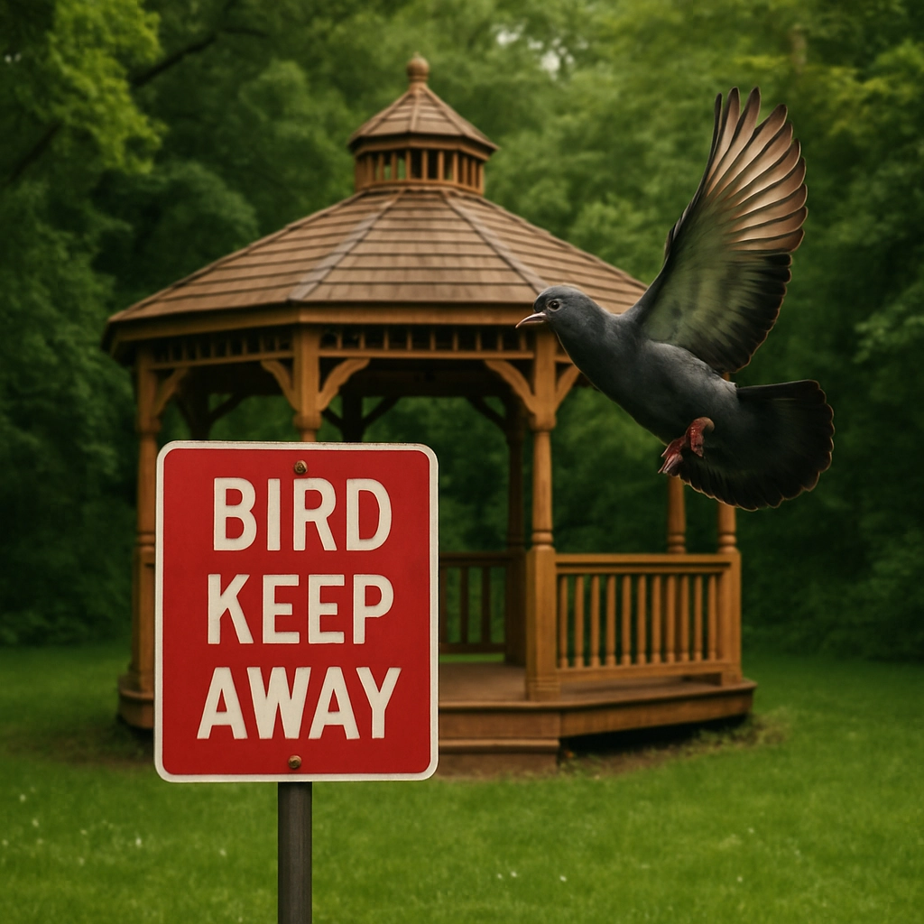 Pigeon flying near 'Bird Keep Away' sign by gazebo, bird deterrent guide. 