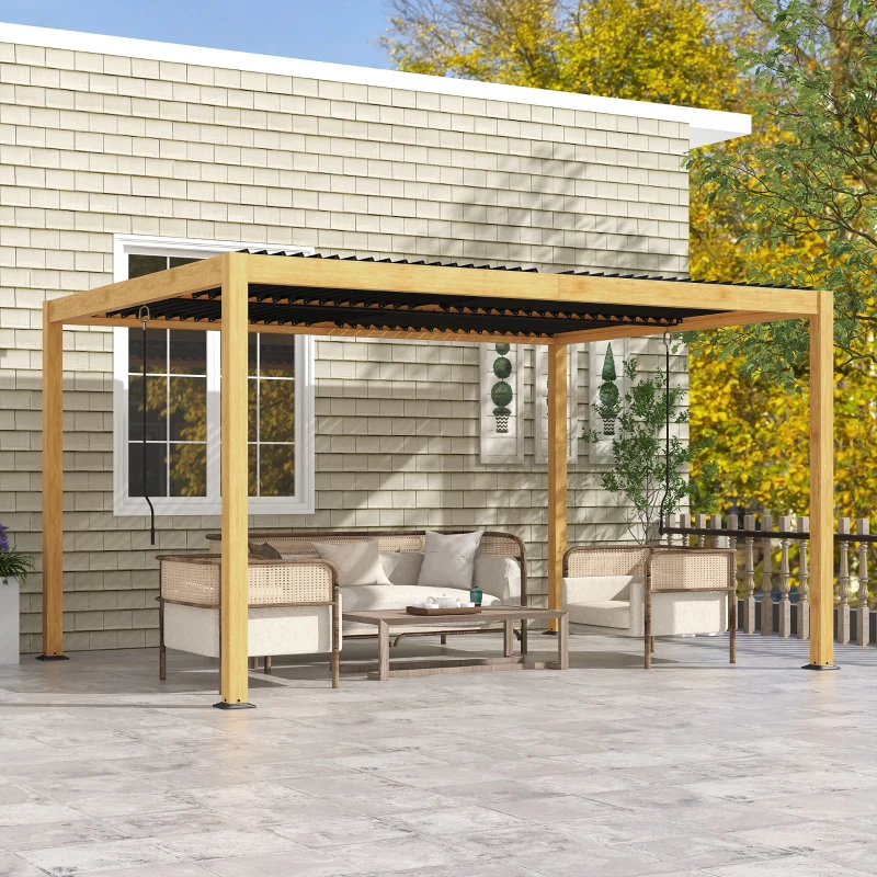 Wooden pergola with curtains and clear screens for a private outdoor space