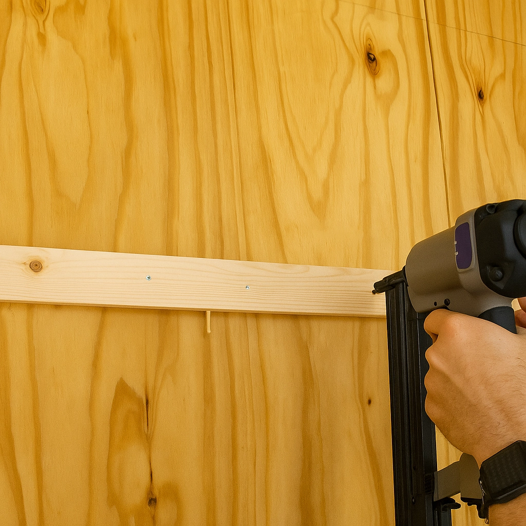Installing adjustable interior shelves in an outdoor wooden cabinet for storage organization