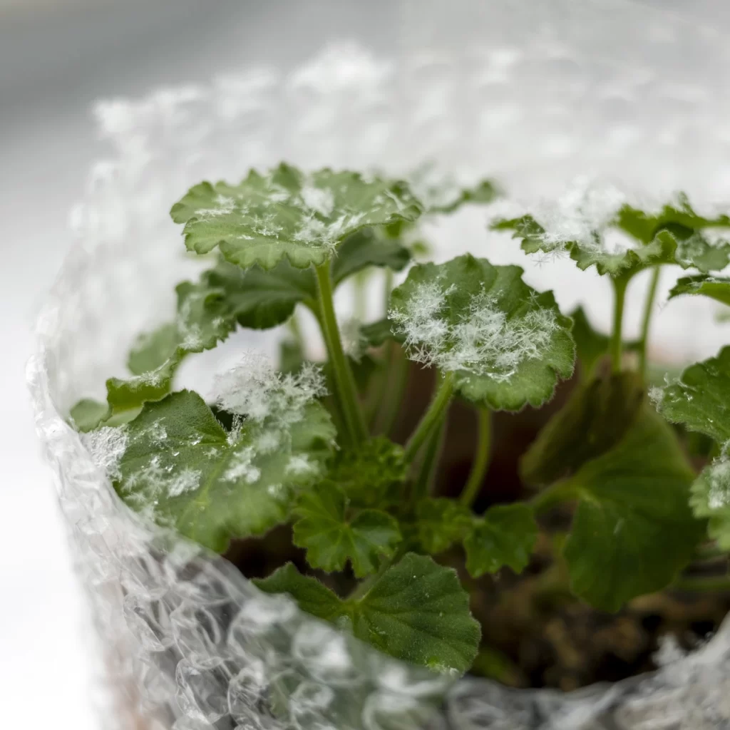 Potted plant protected by bubble wrap with snowflakes.