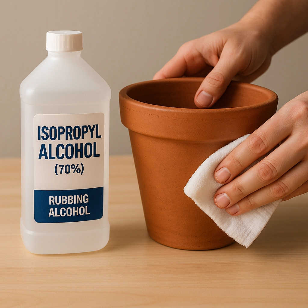 Using rubbing alcohol to clean a terracotta pot with a cloth.