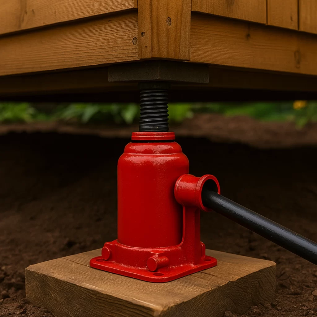 Wooden garden shed elevated using red hydraulic jack