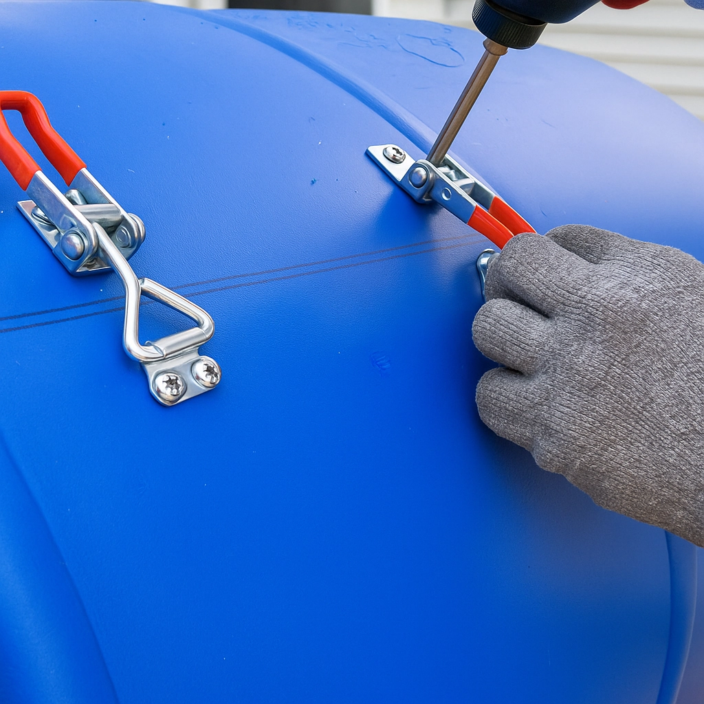 Marking the placement for a latch opposite the hinge on compost drum hatch.