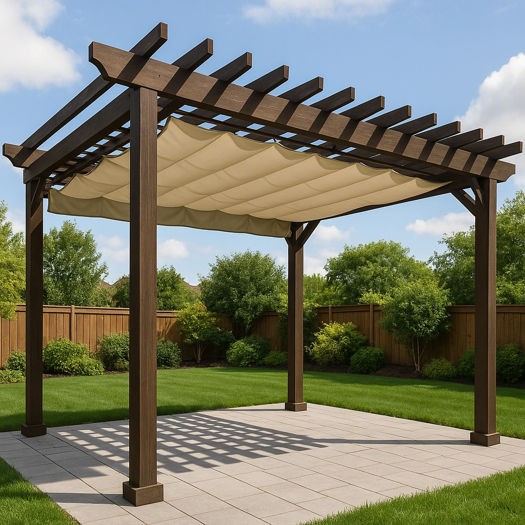 Pergola with slatted roof offering partial shade and natural light in garden.