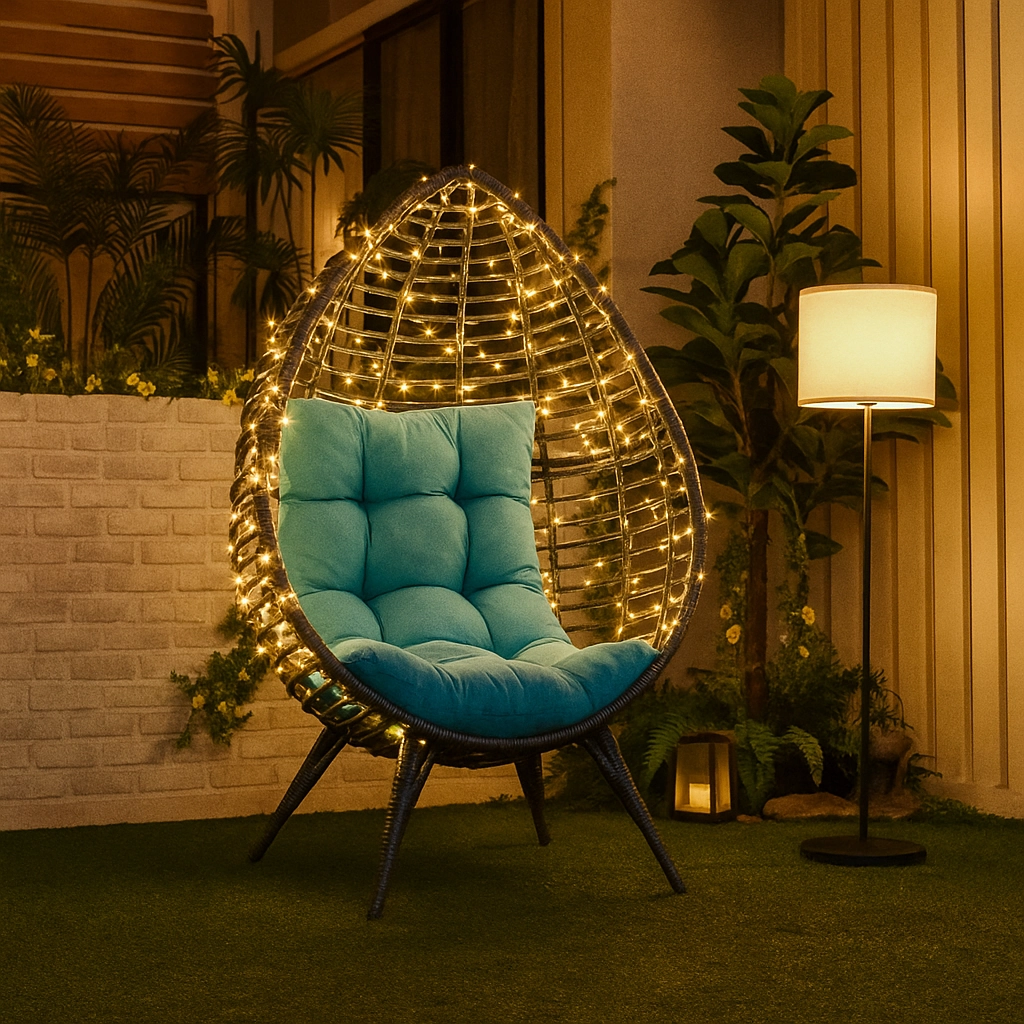 Egg chair with ambient floor lighting, creating a cozy reading nook atmosphere.