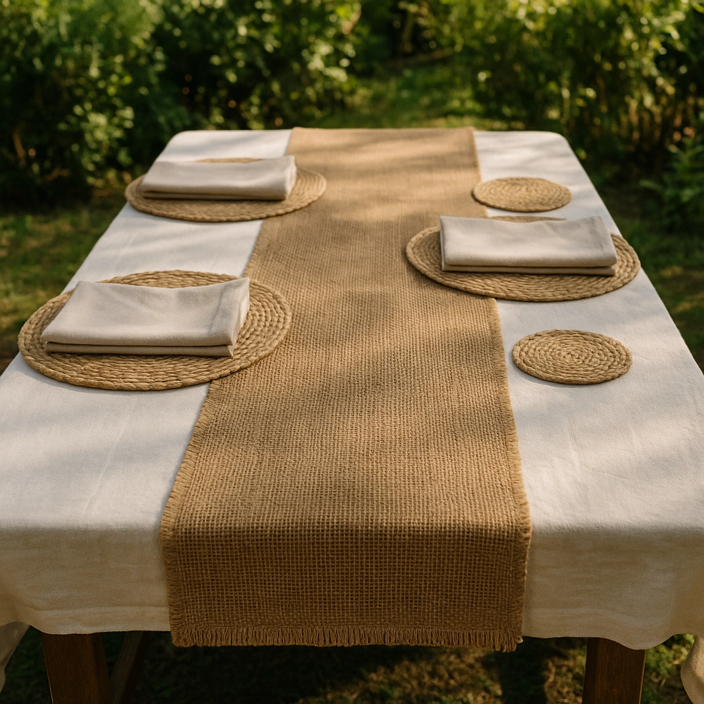 Textured burlap runner and linen napkins on rustic outdoor table.