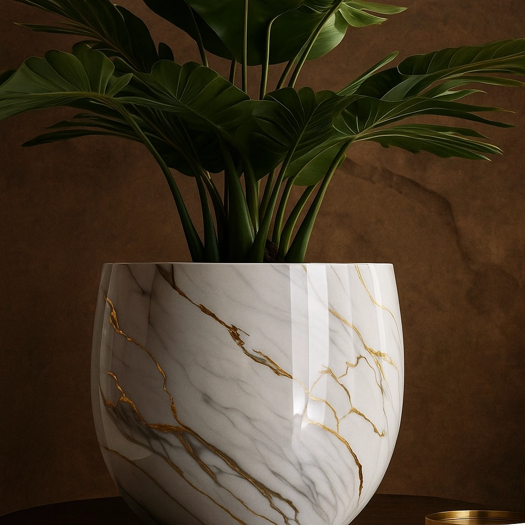 Marbled flower pots created using nail polish water dip technique for a swirling effect.