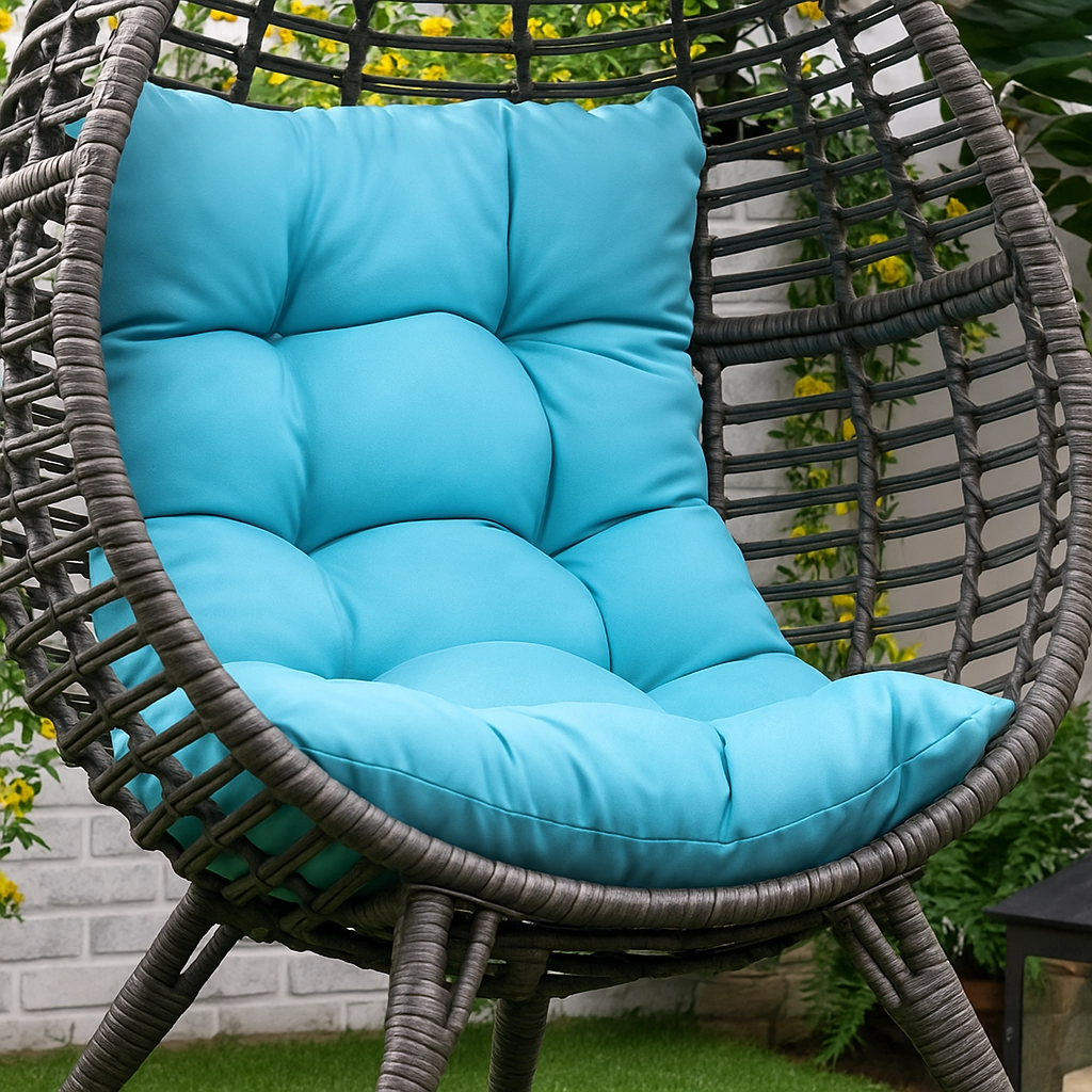 Egg chair styled with mixed materials and textures like wood, rattan, and fabric.