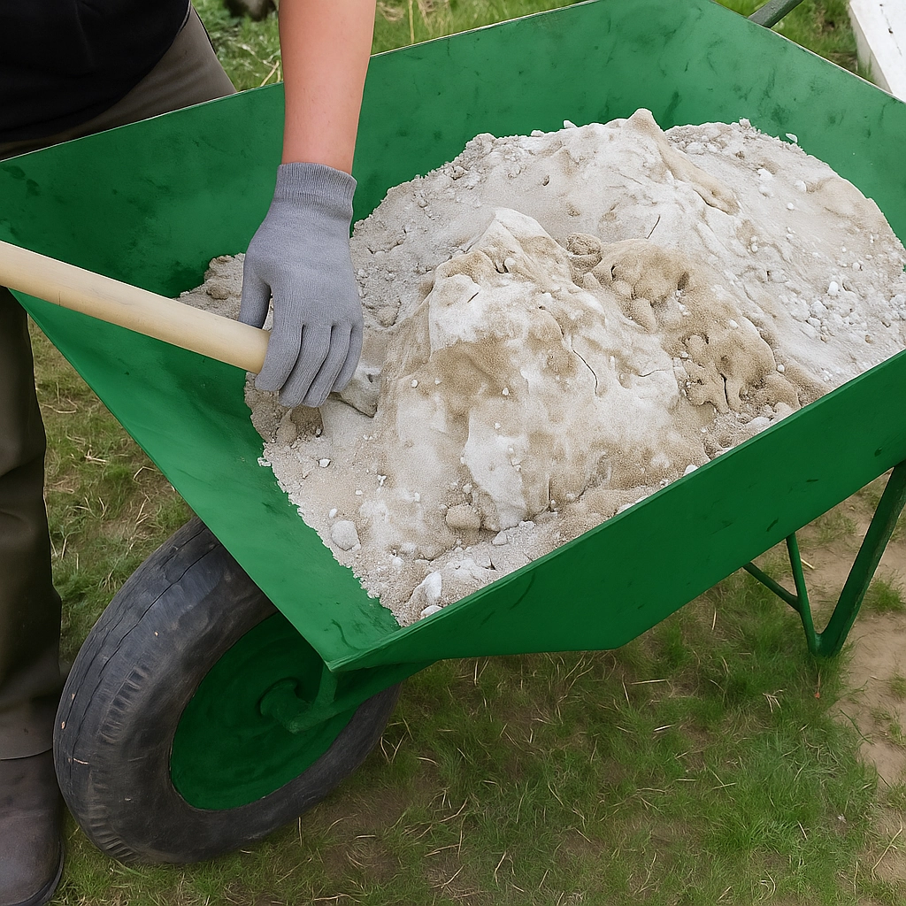 Man mixing dry concrete in green wheelbarrow for lawn roller weight filling.