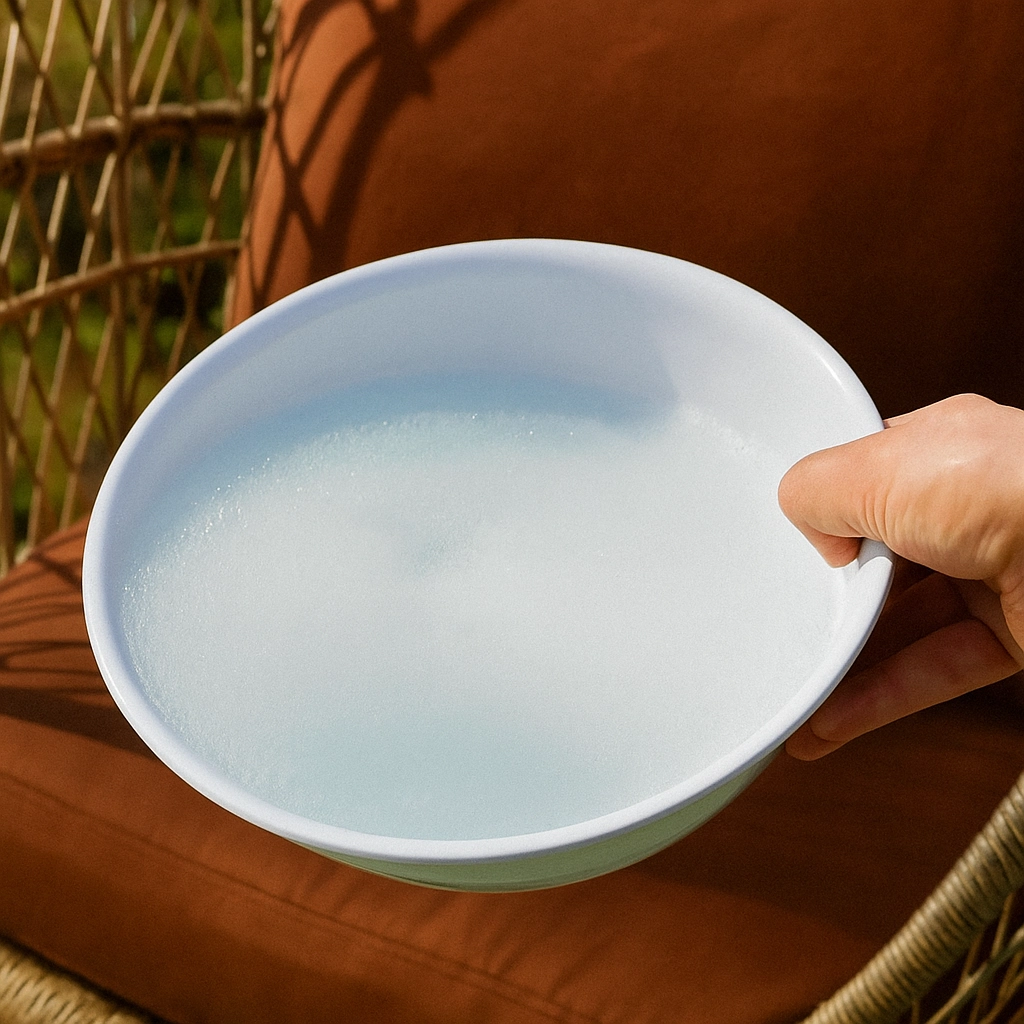 Bowl of soapy water for cleaning egg chair cushion.