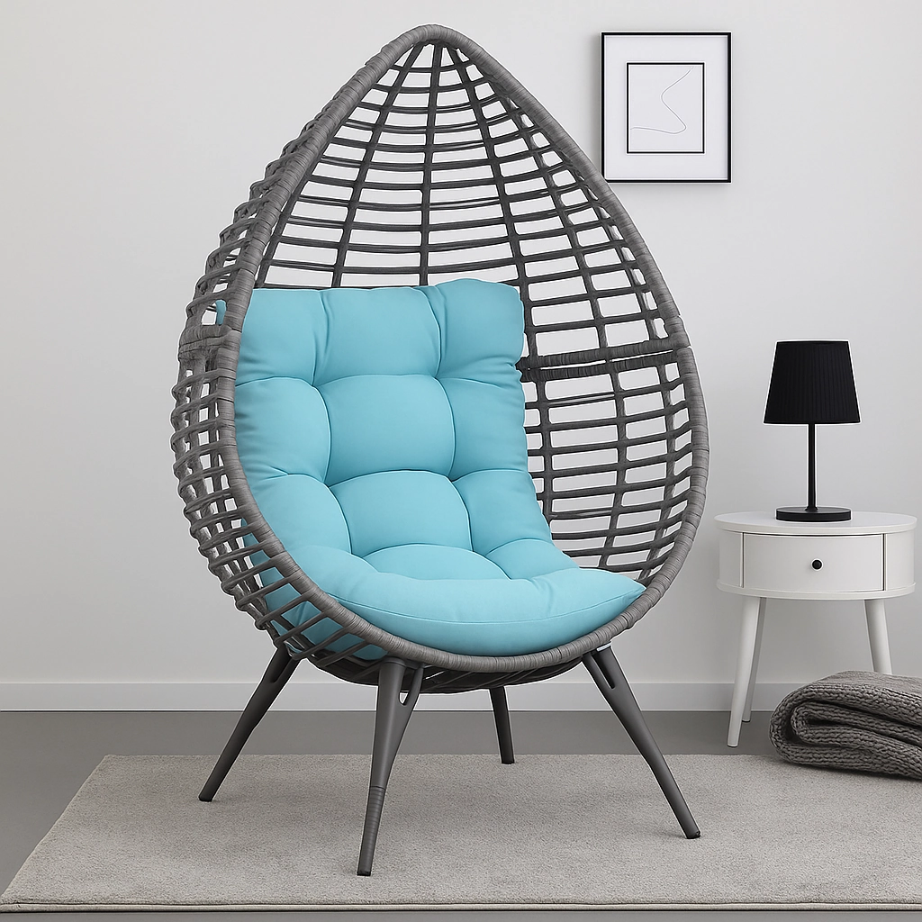 Minimalist egg chair with neutral colors and clean lines for modern interior design.