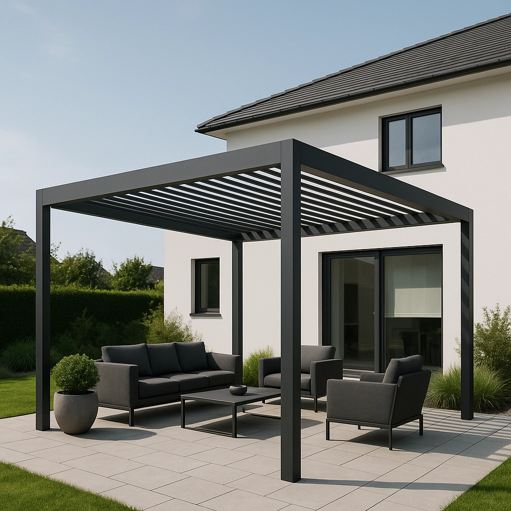Sleek, modern pergola with clean lines and minimal design for outdoor seating area.