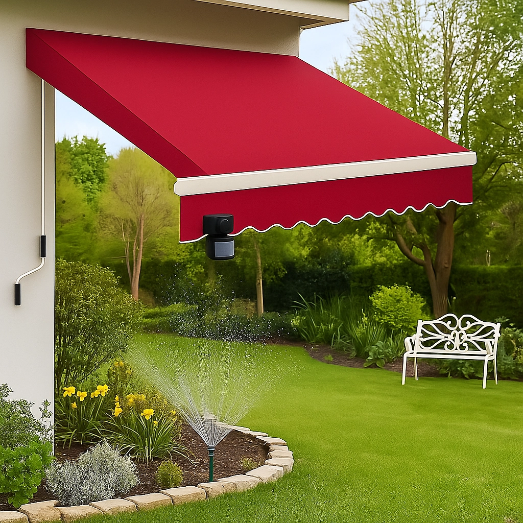 Motion-activated sprinkler system deters birds from garden under red patio awning.