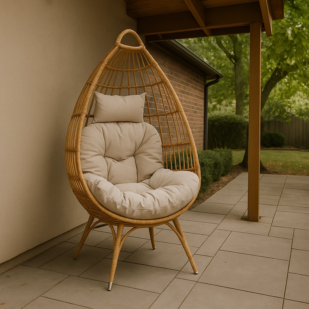 Placing an egg chair in a sheltered patio corner to prevent wind from blowing it over.