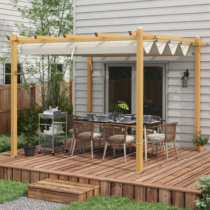 Pergola over outdoor dining area on patio, perfect for entertaining and shaded meals.